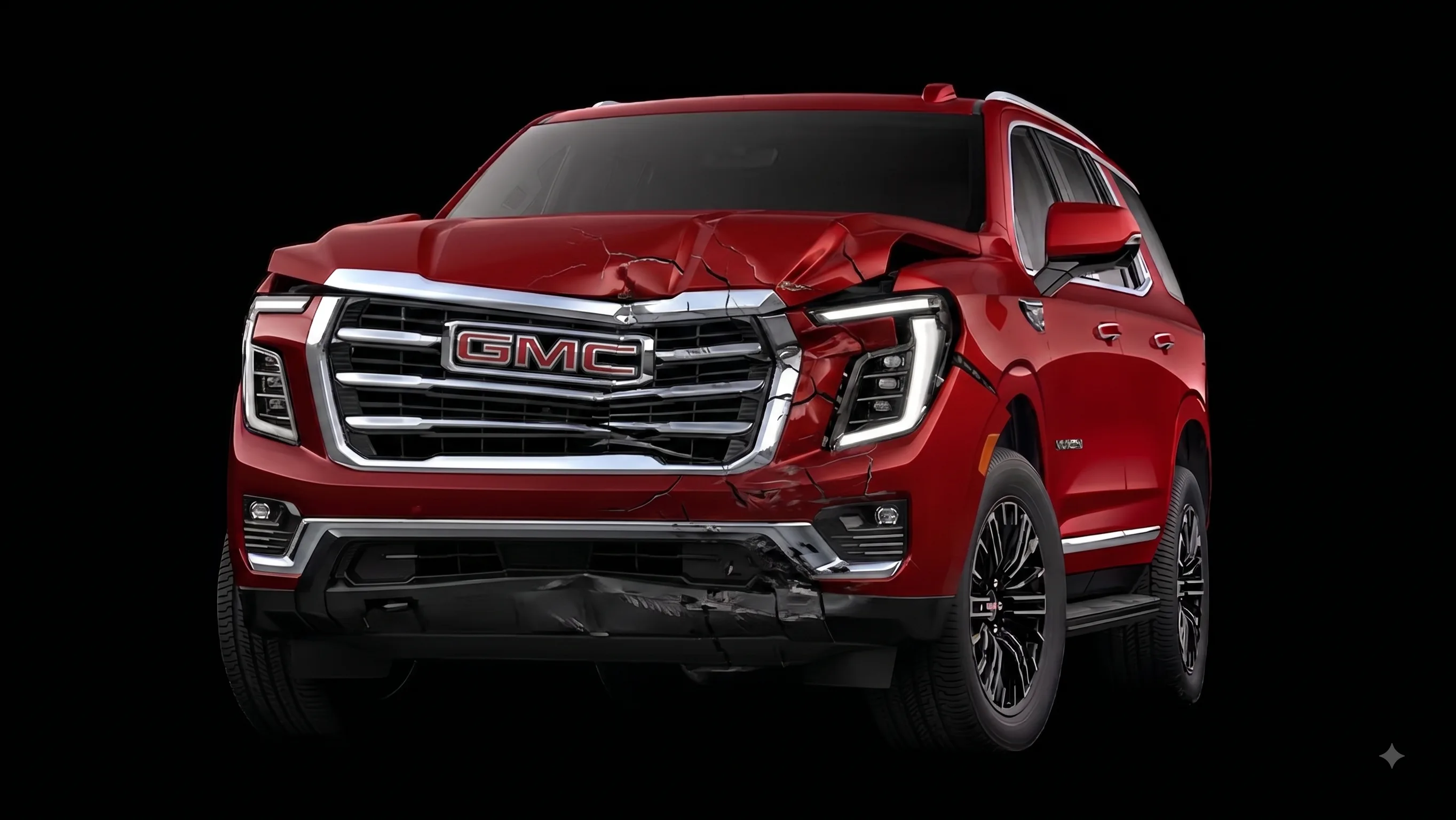 Red GMC SUV with front-end collision damage to the grille, hood, and headlight