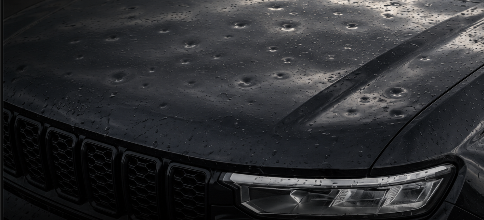 Hail dents and rain on the hood of a black SUV