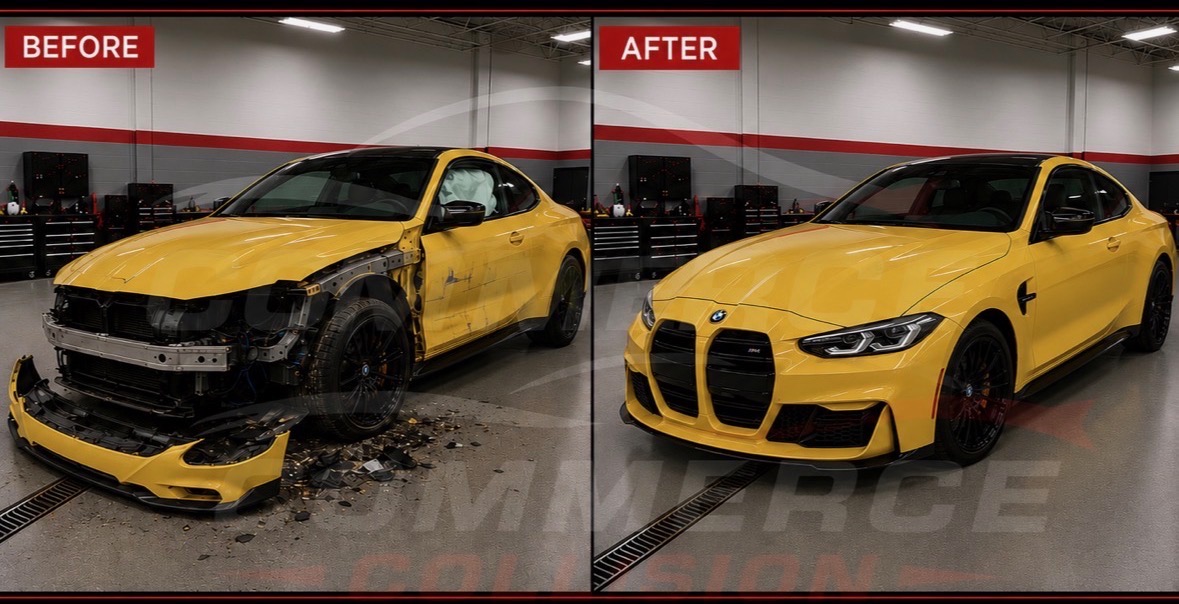 BMW M4 before and after collision repair - Commerce Collision