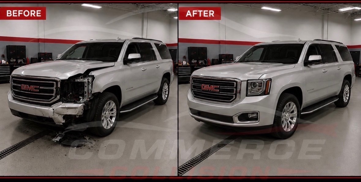 GMC SUV before and after collision repair - Commerce Collision