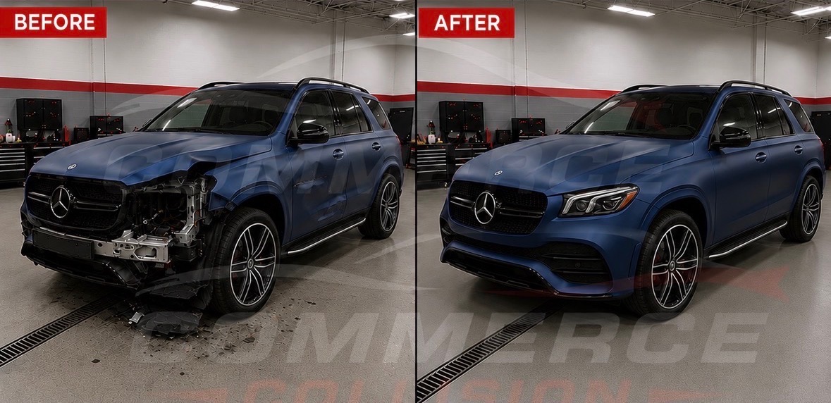 Mercedes SUV before and after collision repair - Commerce Collision
