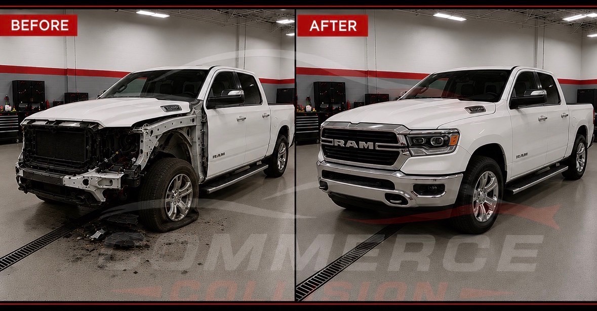 Ram truck before and after collision repair - Commerce Collision