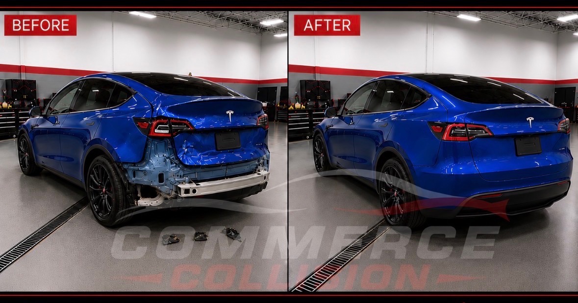 Tesla Model Y before and after collision repair - Commerce Collision
